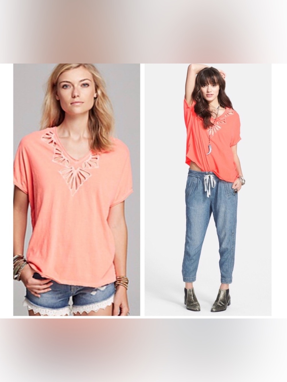 Free People Coral Cutout V-Neck Relaxed Tee
